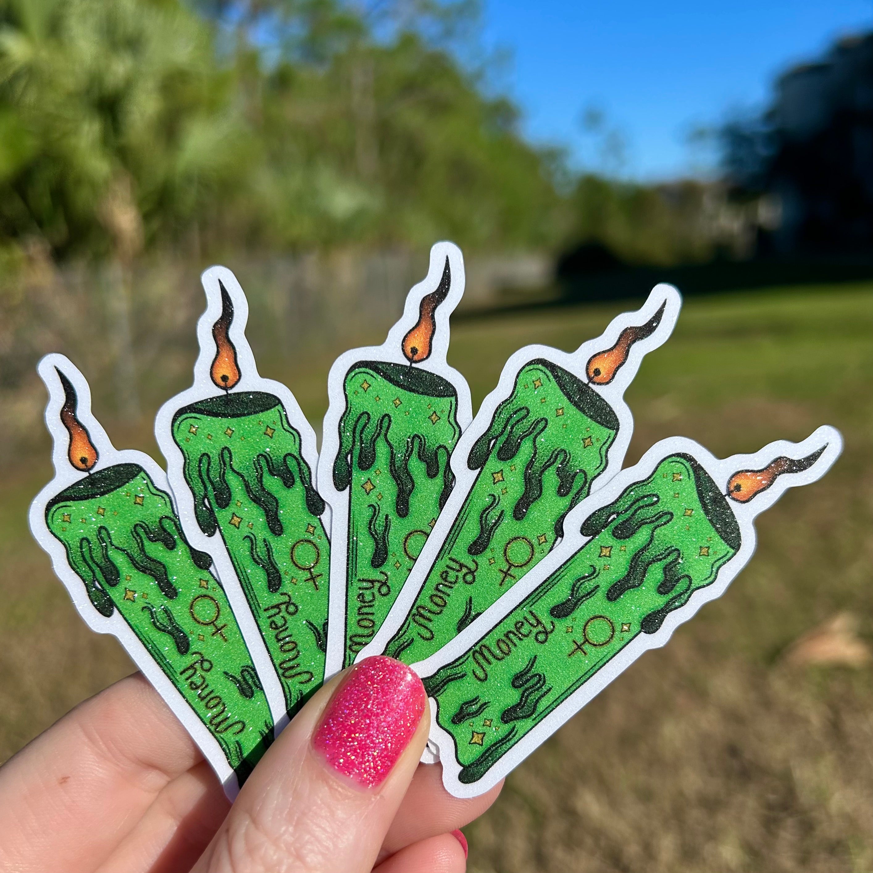 Money Spell Candle Glitter Sticker
